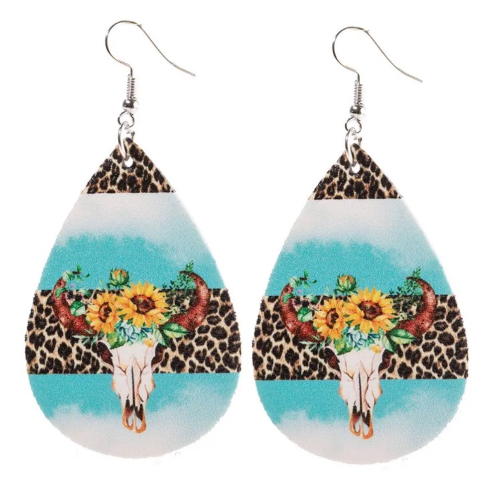 BOHO Turquoise Cow Skull Leopard Print Earrings!!!